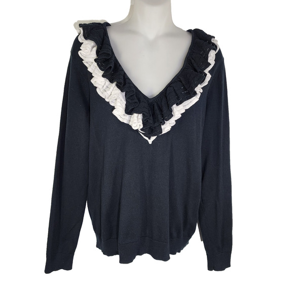 Chaps Women's Sweater Black Long Sleeve Ruffle Tiered V Neckline Knit Medium NWT - Picture 1 of 9
